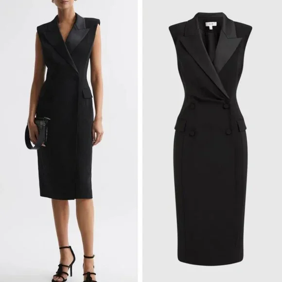 NEW REISS Amari Fitted Double Breasted Midi Dress - Black Business Causal  Dresses
